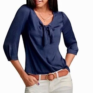 CAbi Blue 3/4 Sleeve Tie Front Blouse